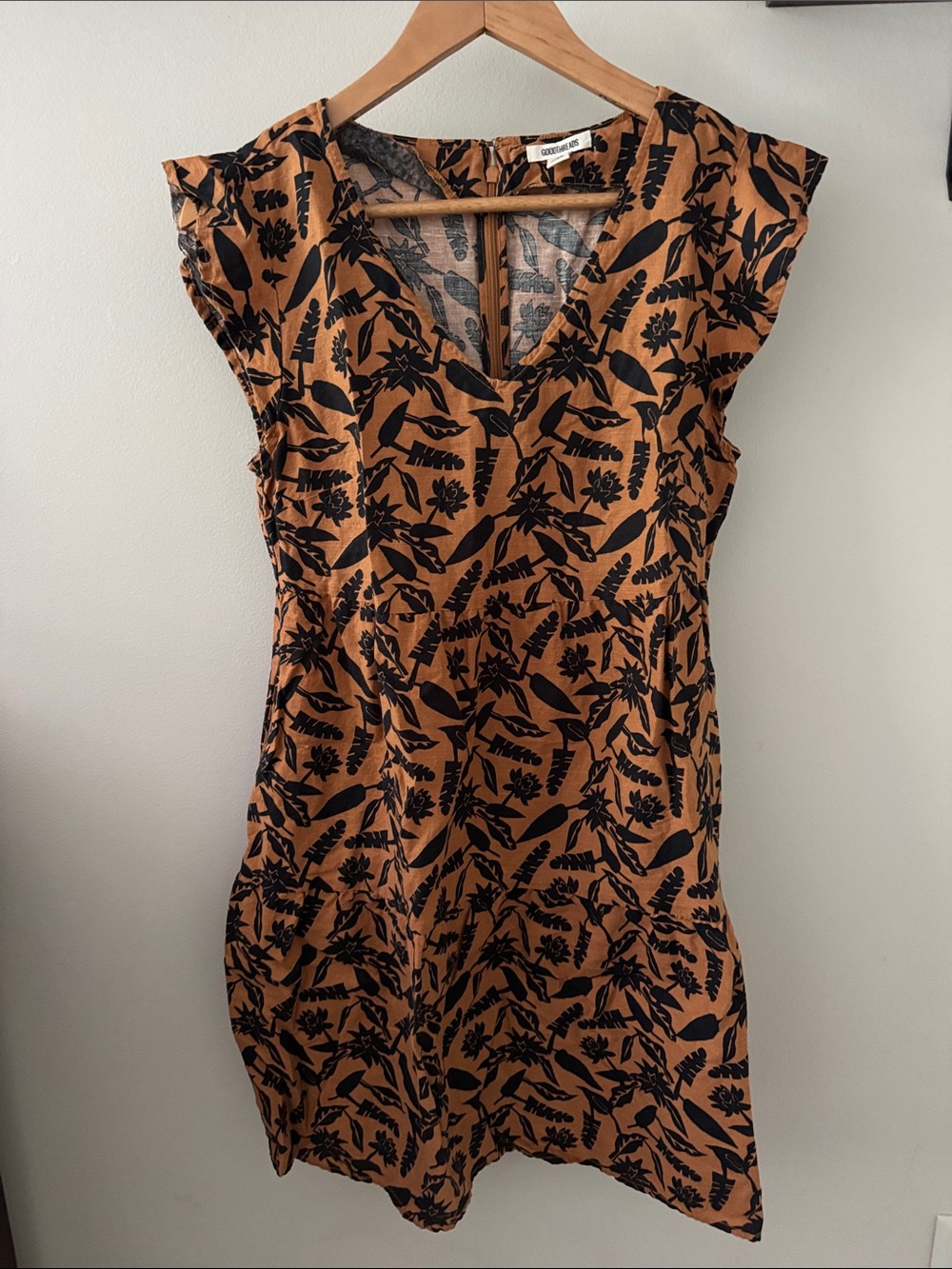 Goodthreads Linen Women's Black Floral Print Tan Shift Dress size Small